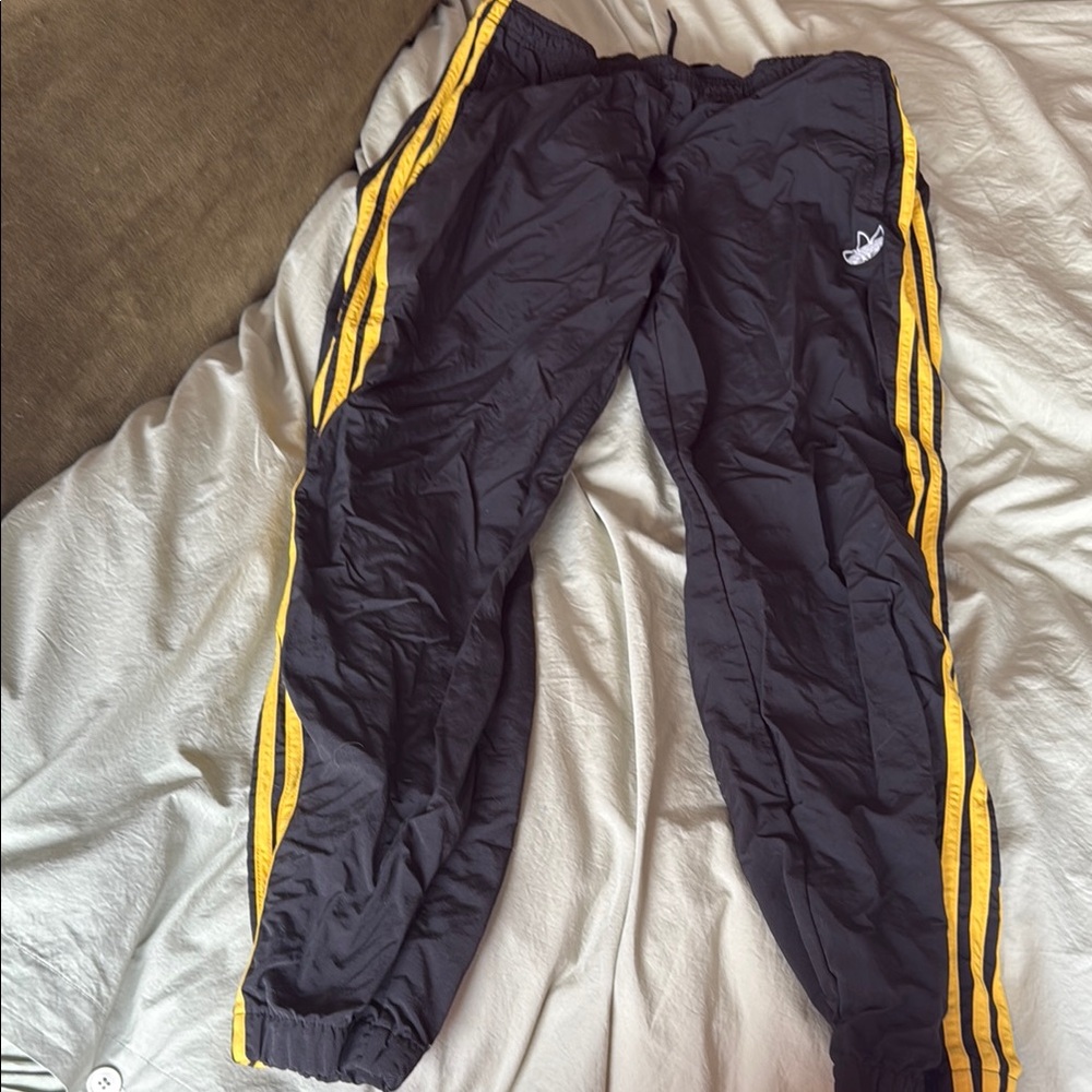 Adidas Mens Black Joggers with Yellow Stripes